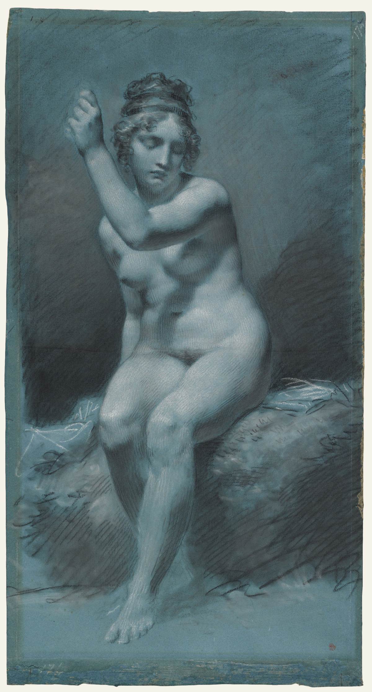 Pierre Paul Prud'hon chalk figure study of a seated female nude, about 1800, public domain art reference