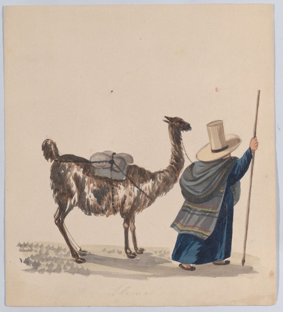 Watercolor drawing of a woman walking with a llama, depicting Peruvian dress, ca. 1848