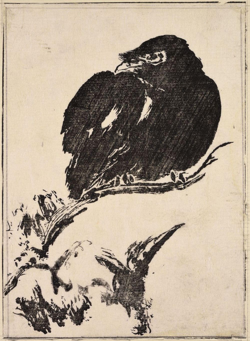 A Japanese woodcut print depicting a crow, created approximately 1720 by printmaker Tachibana Morikuni of the Kano school
