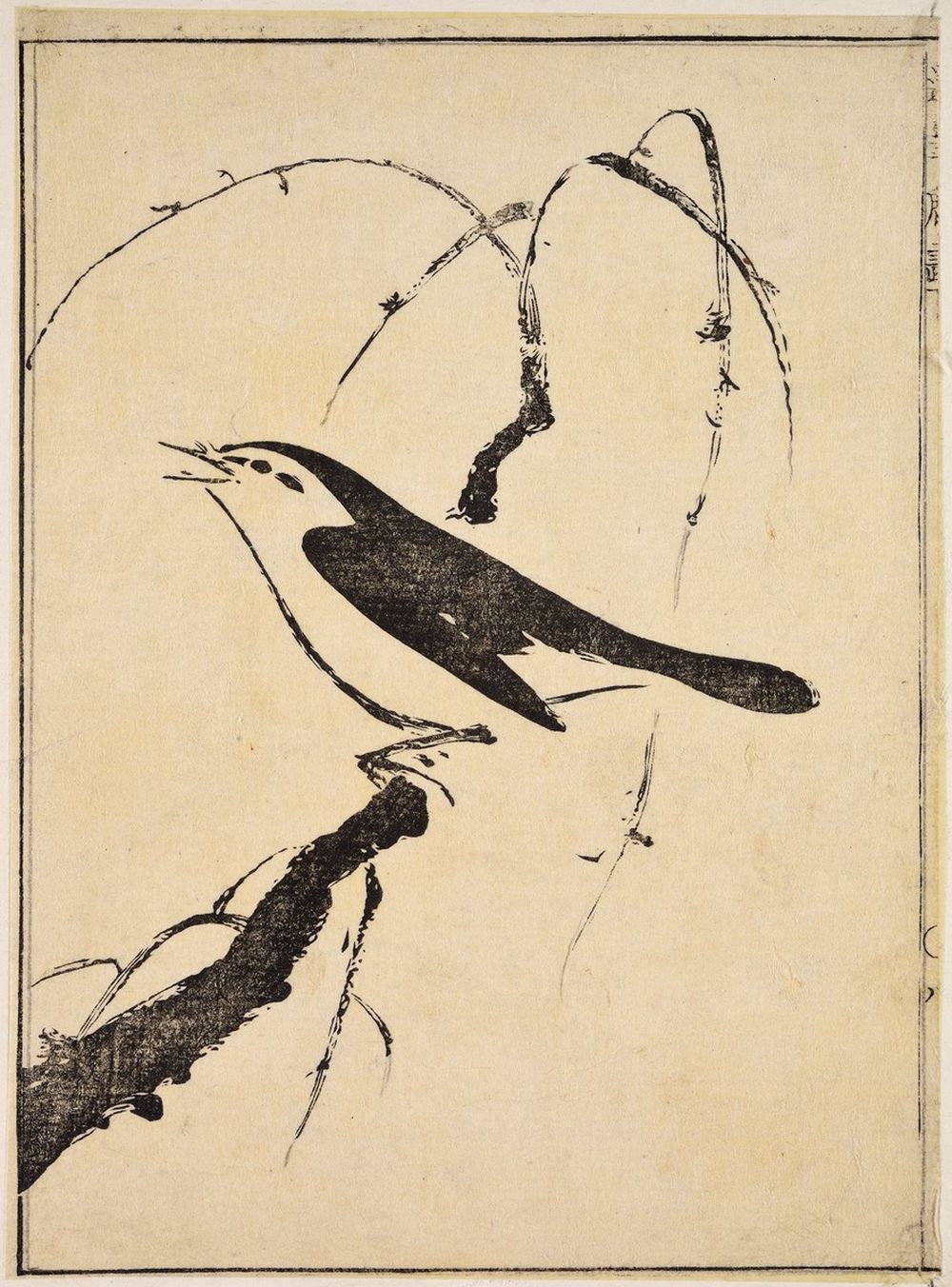 A woodcut print depicting a singing bird, created approximately 1720 by Japanese printmaker Tachibana Morikuni of the Kano school