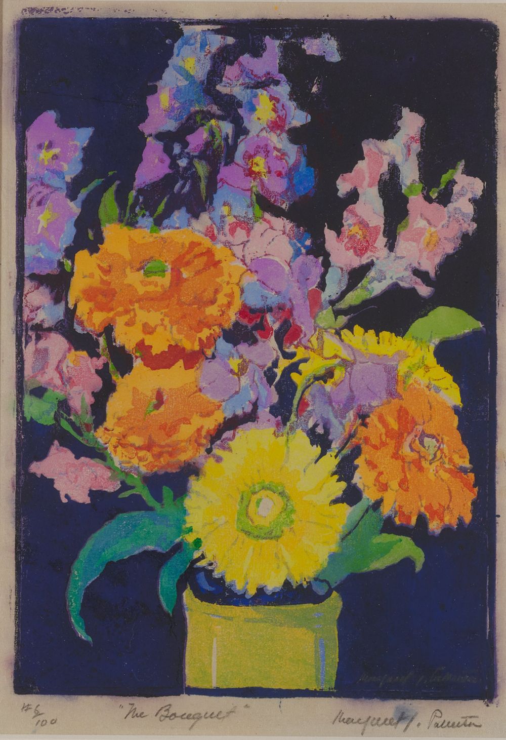 A Woodcut on Japan paper depicting an exuberant floral still life with snapdragons, zinnias, and daisies bursting beyond the borders of the composition, dated 1920–31
