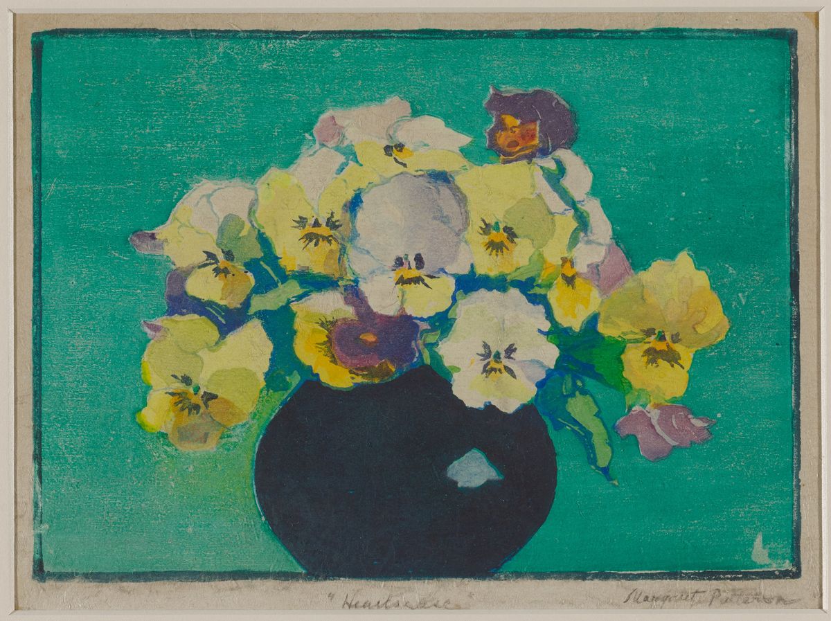 Woodcut on Japan paper depicting pansies (heartsease flowers), rendered without outlines and defined by color alone, with three-dimensional indentations pressed into the sheet, c. 1920s