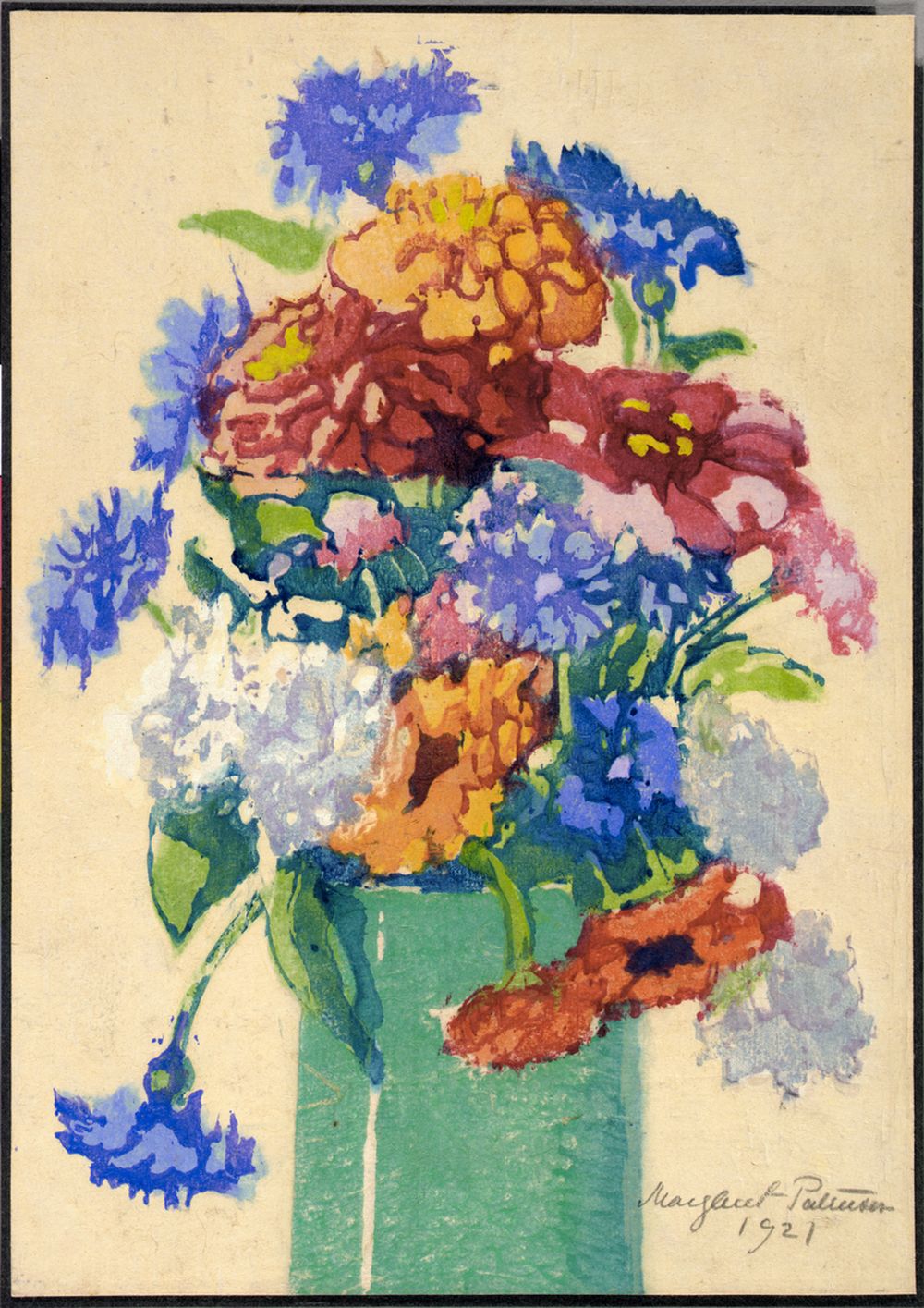 A Woodcut print on paper depicting a still life with peonies in a vase, created in 1921