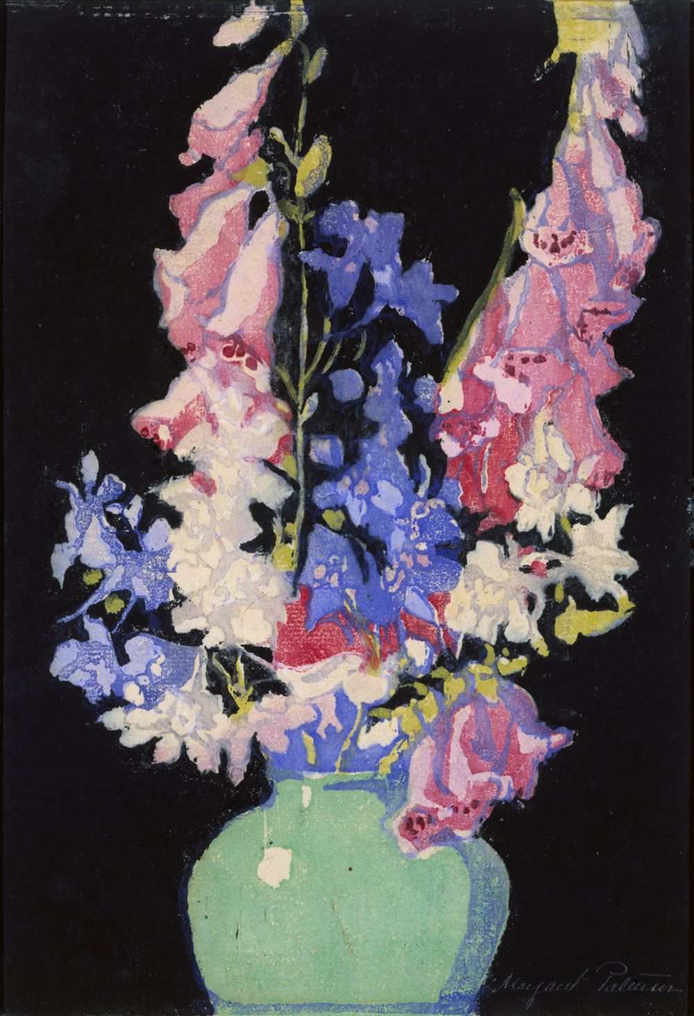 A Woodcut print on paper depicting a still life with a vase of flowers, including bluebells, created circa 1920.
