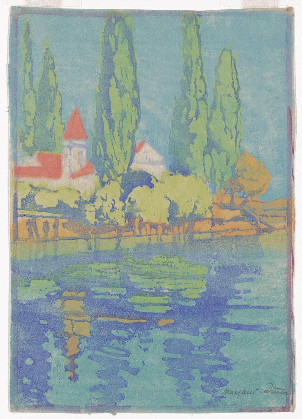 Woodcut on paper depicting a view of Vignole from a gondola, created in 1920