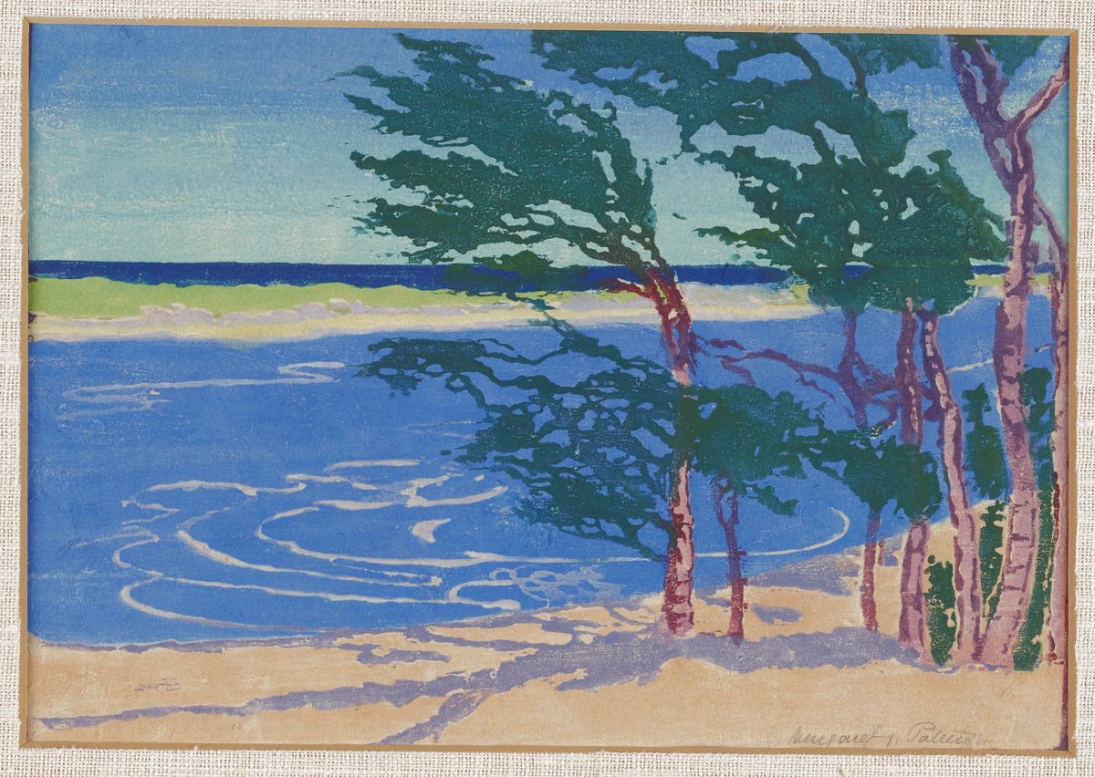 A Woodcut depicting windblown trees, likely on Cape Cod, Massachusetts, created circa 1916–18 in the Arts and Crafts style.