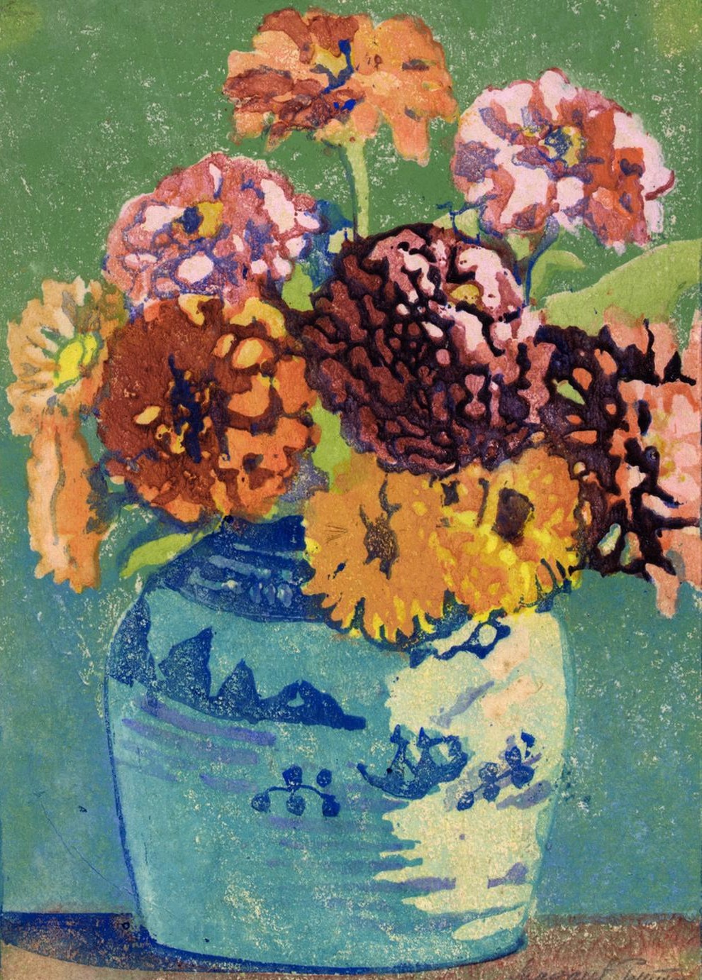 A Woodcut print on paper depicting a still life arrangement with zinnias and marigolds in a vase, created circa 1921
