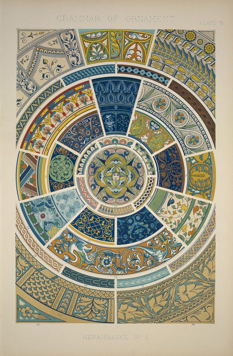 A lithographic print depicting Renaissance ornaments from pottery at Marlborough House, published in London in 1856 as part of The Grammar of Ornament series.